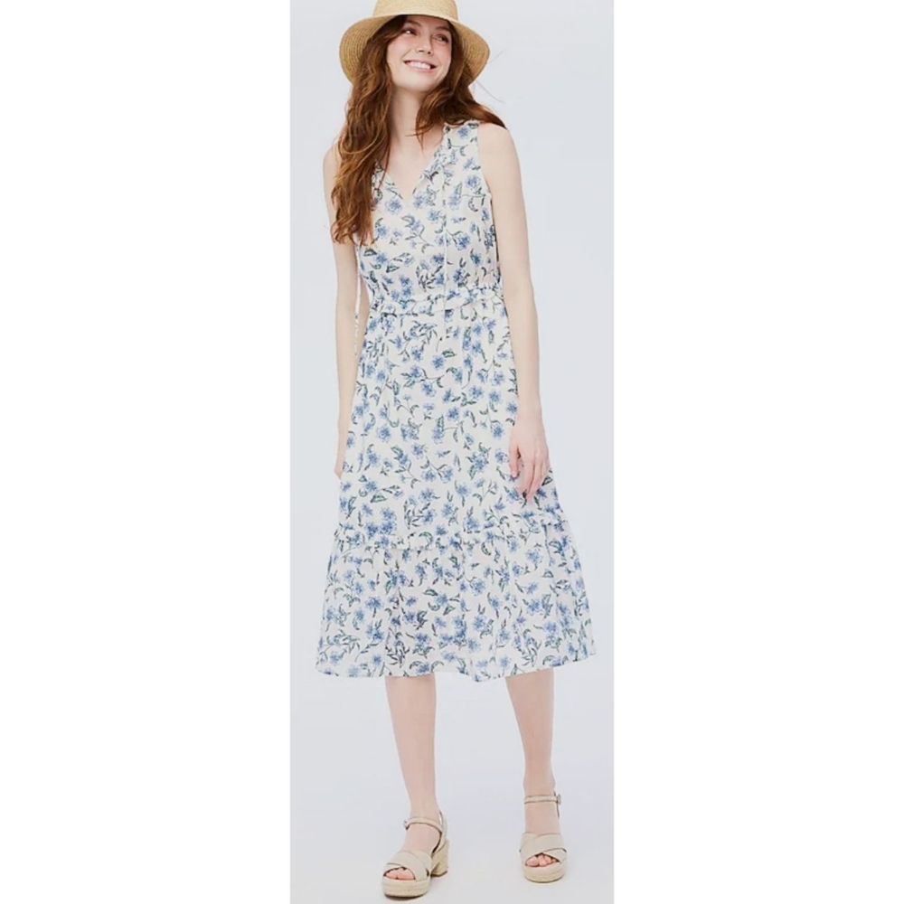 J Crew Floral Midi Dress White Blue Cotton Ruffle A Line Long Tiered Classic